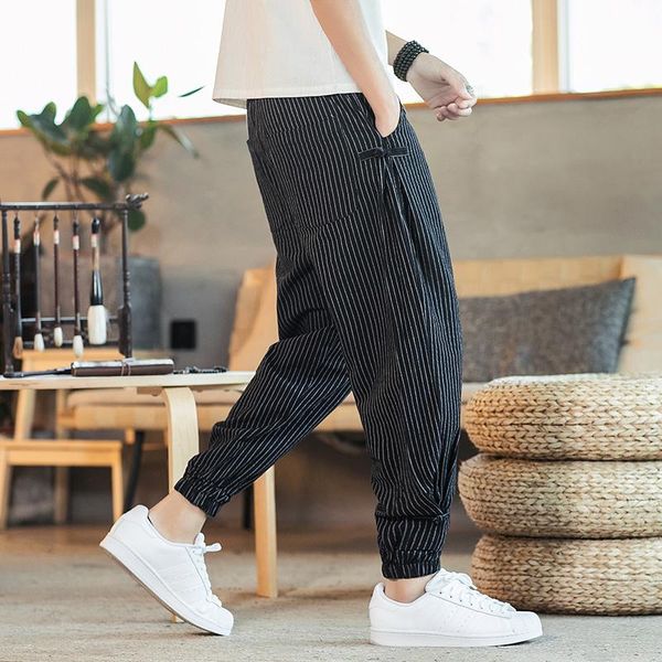 

black white striped men harem pants 2021 fashion man casual loose cotton linen male trousers 5xl men's