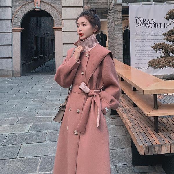 

women's wool & blends winter long woolen coat hepburn style sweet jacket outwear belt female, Black