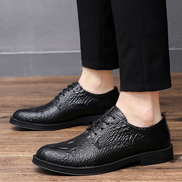 

dress shoes fashion men business formal lace up wedding party genuine leather oxfords pointed toe, Black
