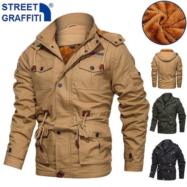 

men winter casual warm thick fleece bomber jacket s military cotton s cargo hooded windbreaker coat 211214, Black;brown