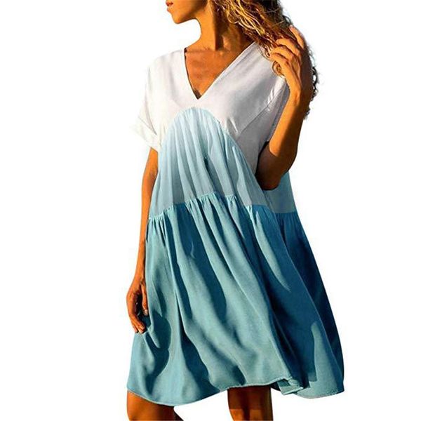 

casual dresses summer women v neck loose short sleeve beach fashion gradient color woman x341, Black;gray