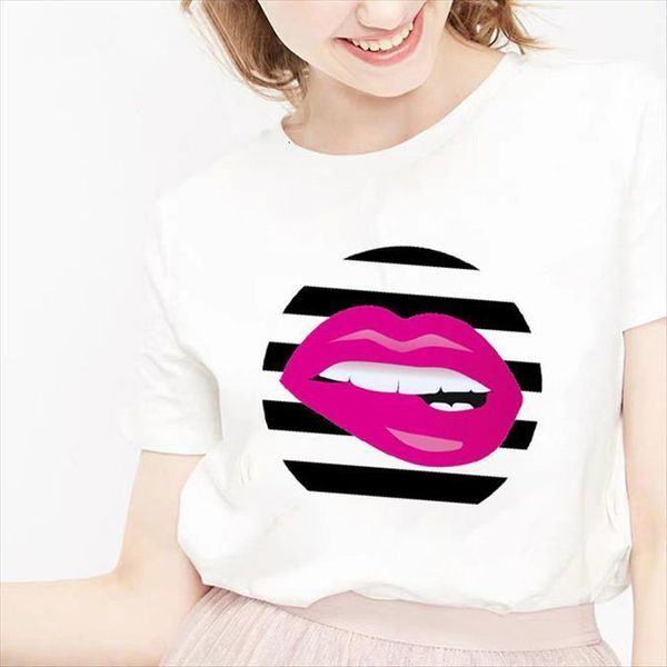 

pink mouth lip love women print base short sleeve all match white tee funny girls