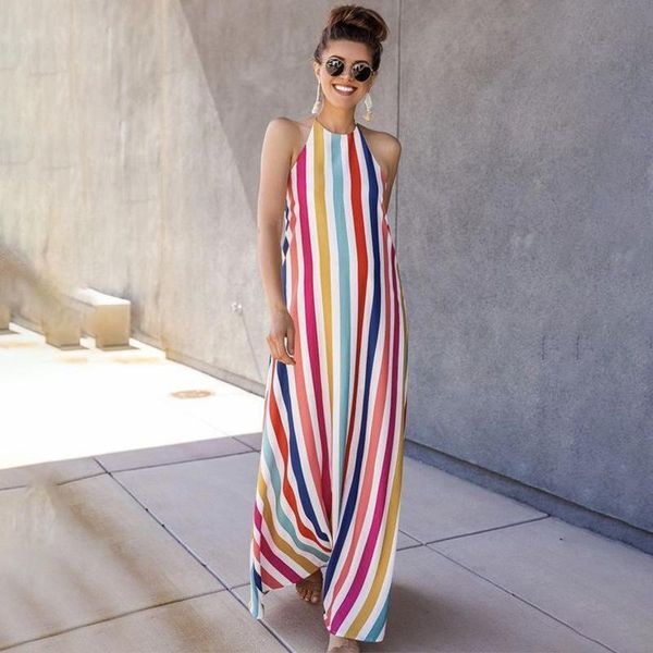 

women boho loose sleeveless halter long maxi dress striped backless beach party dresses female ladies sundress plus size women's swimwe, White;black