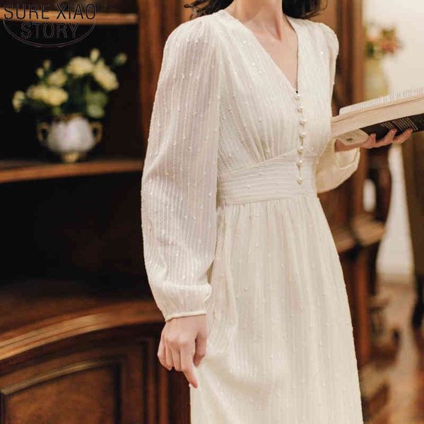 

french style vintgae puff long sleeve apricot elegant sweet woman dresses v-neck chiffon dress with button 13231 210417, Black;gray