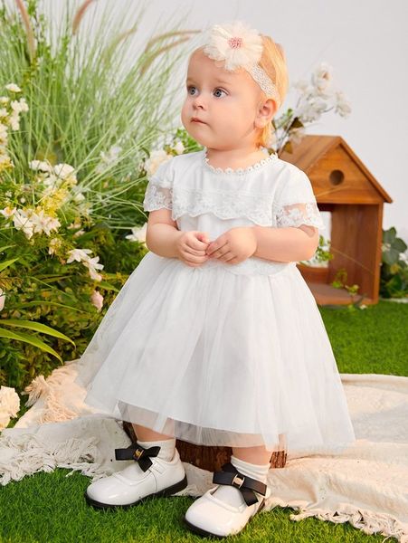 

baby contrast lace high waist mesh dress she, Red;yellow