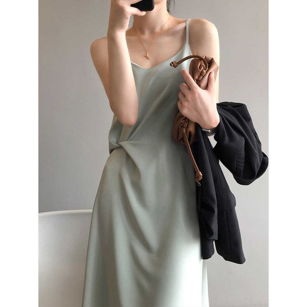 

shuang yan french suspender drs women's 2021 autumn satin thin shoulder strap mid length skirt 80126, Black;gray