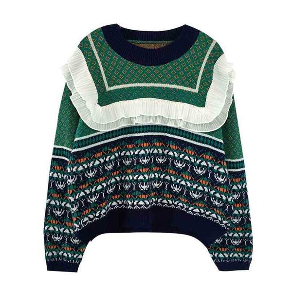 

women vintage sweater autumn winter patchwork chiffon floral printed sweaters woman pullover korean knitted 210525, White;black