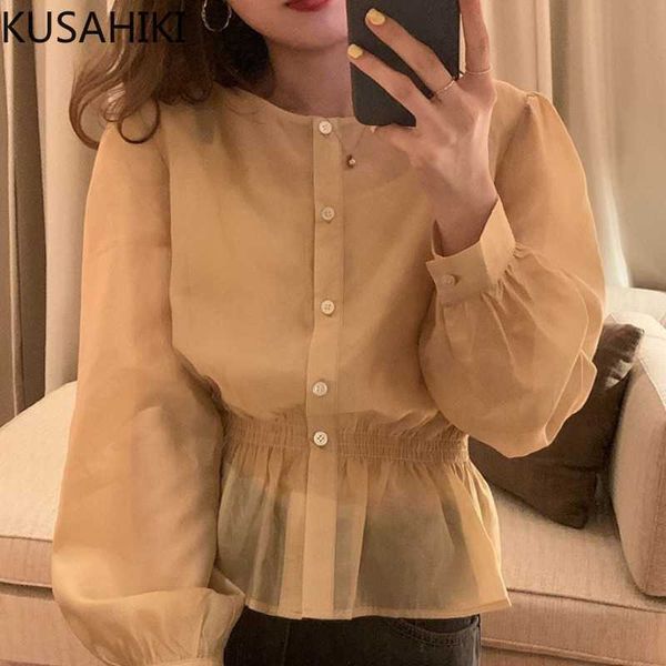 

korean elegant slim waist blouse shirt causal o-neck puff sleeve blusas mujer de moda women 6g263 210603, White