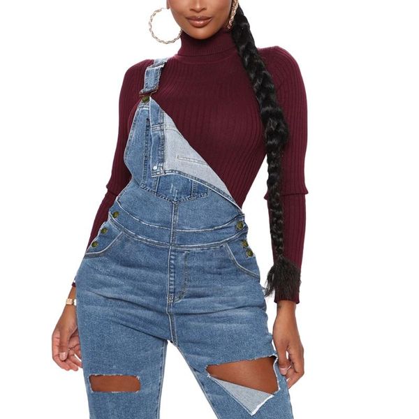 

women's jumpsuits & rompers streetwear women denim hemming pants plus size bib jeans overalls fashion pockets holes washed trousers, Black;white