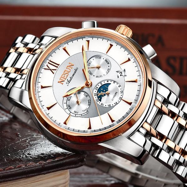 

wristwatches nesun watch men's fashion luminous waterproof moon phase multi-function automatic mechanical watches reloki masculino, Slivery;brown
