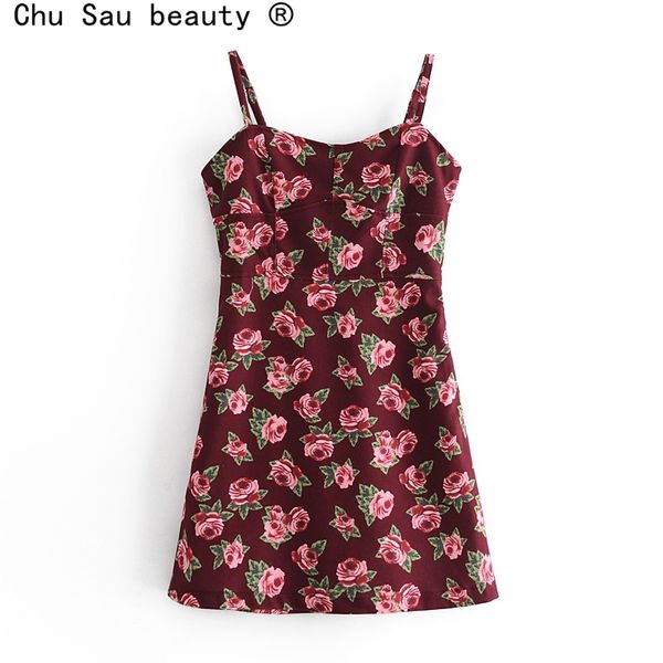 

spring vintage high waist rose flower print slim mini strap dresses for women ropa mujer 210508, Black;gray