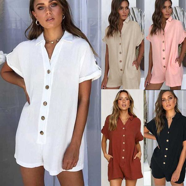 

casual dresses fashion women's summer solid color lapel shirt button jumpsuit short-sleeved blended low waist bohemian lady straight pa, Black;gray