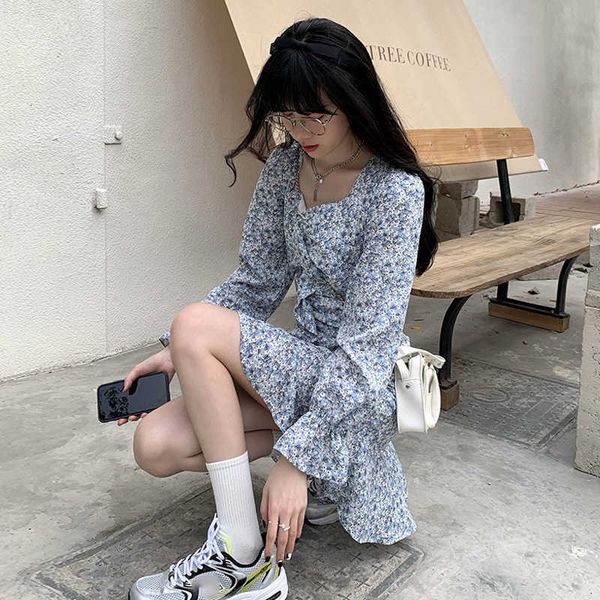 

sweet gentle floral drs female dign sense french temperament fairy 2021 spring and autumn small skirt, Black;gray