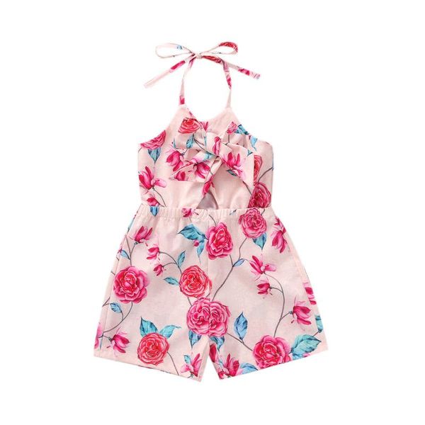 

jumpsuits girls kids casual bandage halter jumpsuit fashion flower bow v-neck hollow rompers short pants for 1-6 years, Blue