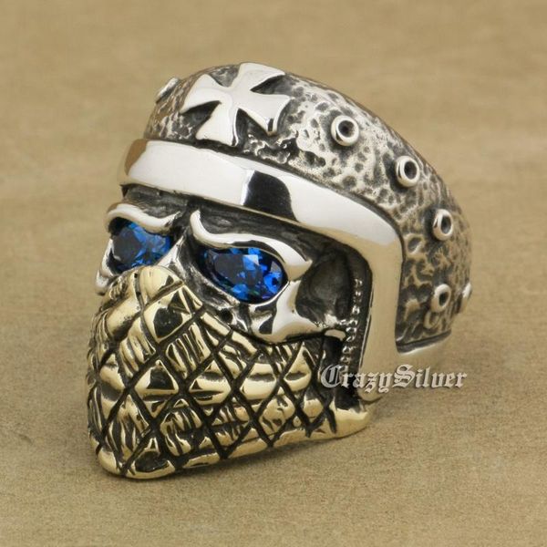 

cluster rings motorcycle helmet skull ring cz stone eyes 925 sterling silver brass mask mens biker rock punk ta24, Golden;silver