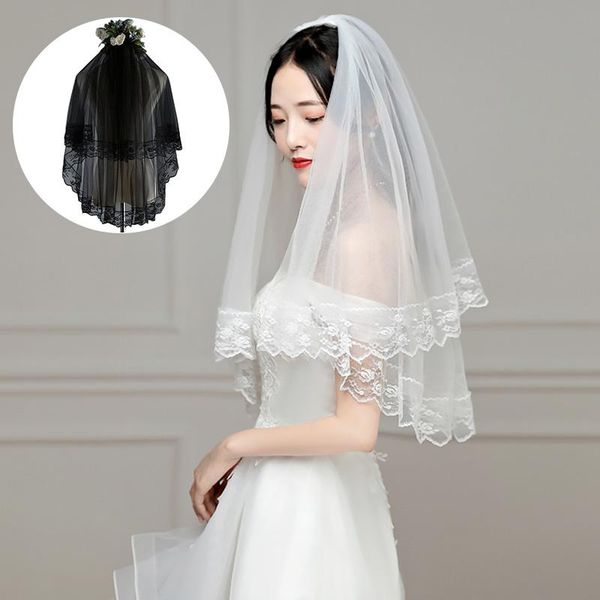 

bridal veils simple short tulle wedding two layer with comb lace edge white black veil for bride marriage accessories
