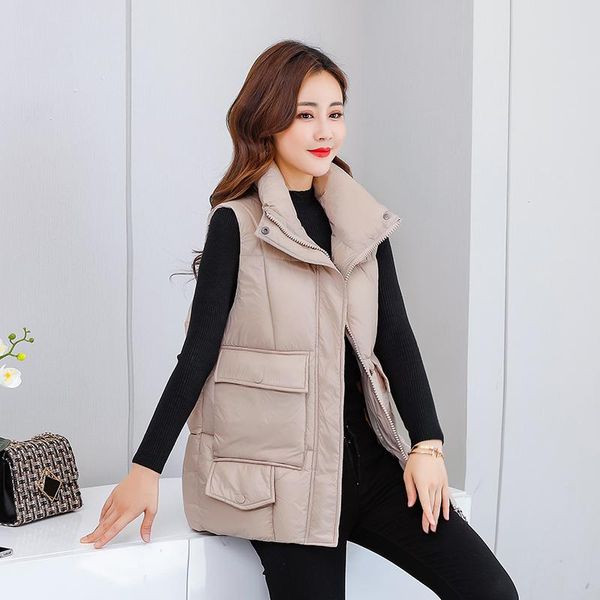 

women's vests fashion stand collar simple women elegant side pockets coats faux leather solid straight long ladies, Black;white