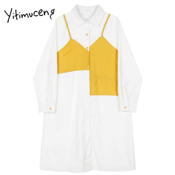 

yitimuceng patchwork fake 2 pieces asymmetrical dresses women white spring square collar single breasted office lady 210601, Black;gray