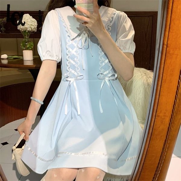 

summer kawaii sweet blue suspender dress women korean elegant cute bow ribbon dresses high-waisted casual 210519, Black;gray
