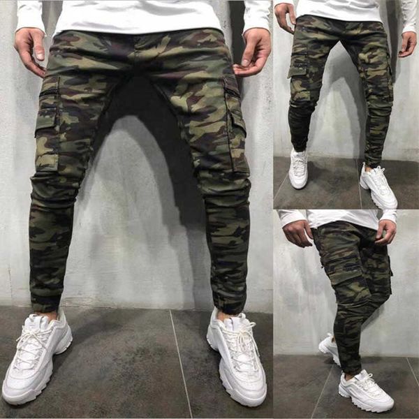

fashion camouflage style men jeans jogger pants military pants slim multi-pocket cargo pants pencil jeans casual slim fit sweatp x0621, Blue