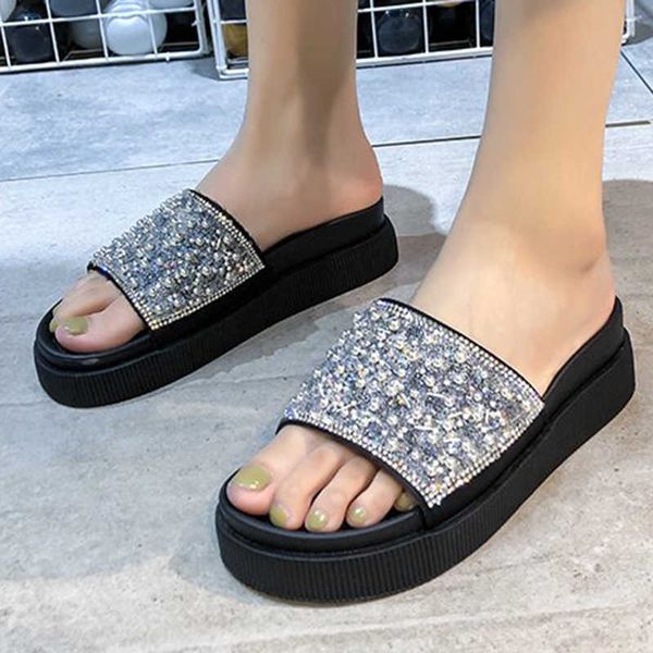 

rimocy fashion crystal thick bottom slippers women summer comfort non slip flat slides female outdoor beach flip flop mujer 210528, Black