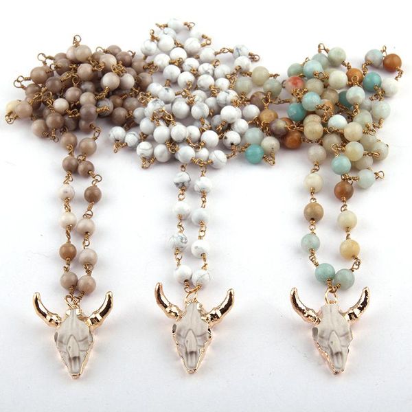 

pendant necklaces fashion 6mm semi precious stones rosary chain mini horn women ethnic necklace, Silver