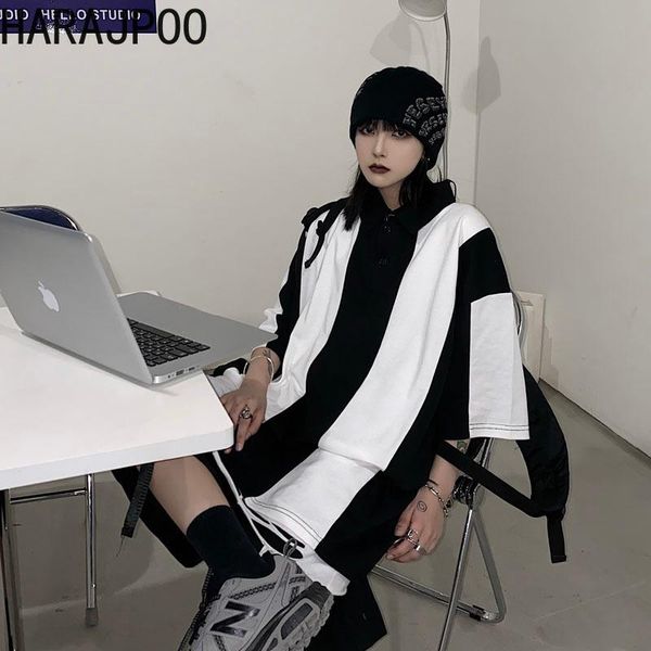 

harajpoo women t-shirt 2021 summer korea ins trend girl harajuku hong kong style retro loose black white stitching lapel women's