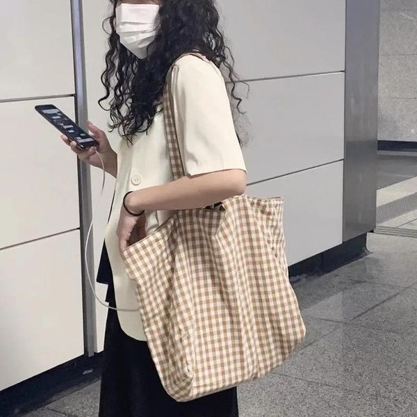 

evening bags milk coffee brown plaid canvas bag, double-sided back lazy style shoulder bag recommended by ins bloggers