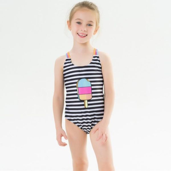 

one-piece suits baby girls swimsuit 2021 striped ice cream high elastic swimwear vacation kids bathing tight beachwear