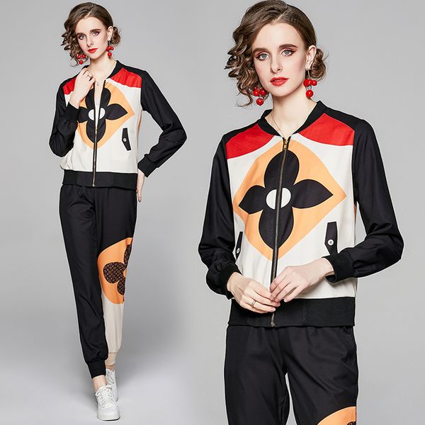 

latest holiday runway printed pants suits 2021 ladies designer elegant jackets coat and long trousers slim spring autumn sports fitness wome, White