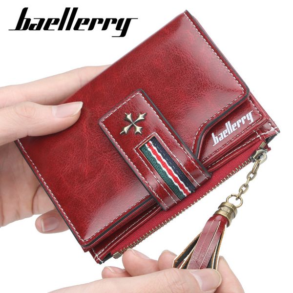 

baellerry women's short korean oil wax leather tassel small fashion versatile zipper zero wallet, Red;black