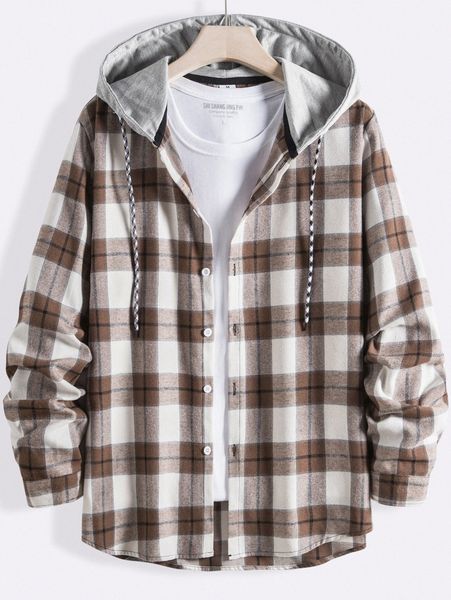 

men plaid drawstring hooded shirt t7ye#, White;black