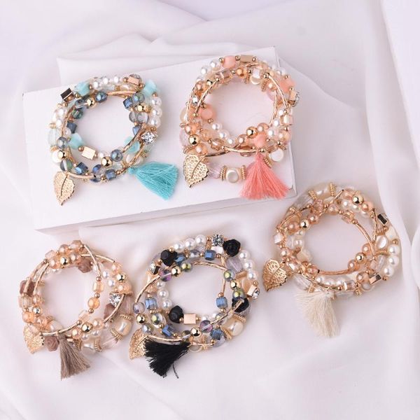 

charm bracelets the crystal multi-layer bracelet baroque pearl chain leaf alloy temperament tassel weaving handmade accessories, Golden;silver