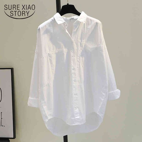 

cotton oversized loose clothing spring autumn vintage women blouse and long sleeve white blue shirts 12616 210415