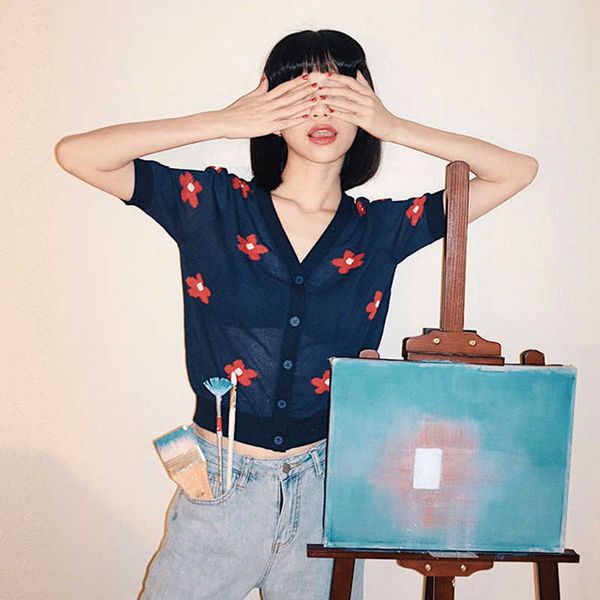 

summer flower thin short cardigan vintage short-sleeve loose women's wild knit t-shirt chic single-breasted slim hollow 210527, White