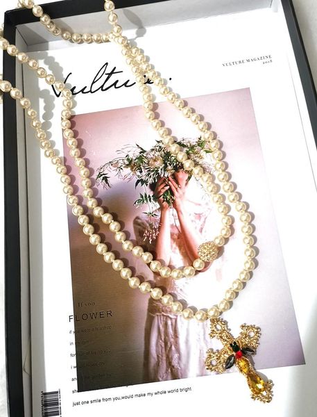 

chokers double layer perals cross pedant necklace, Golden;silver