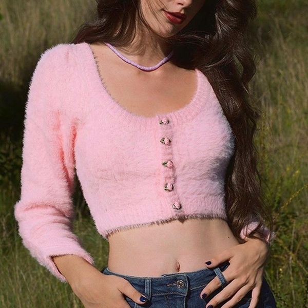 

women's knits & tees jchb fall long sleeve woman sweaters korean knitted cropped cardigan women christmas sweater vintage flower fuzzy, White