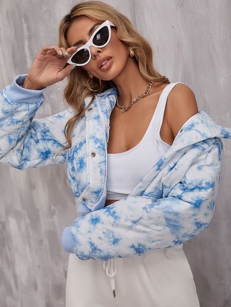 

tie dye zip up crop puffer coat 56in#, Black