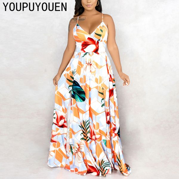 

2021 new summer womens v neck spaghetti strap printing beach long maxi dress flower white split bohemian clothing, Black;gray
