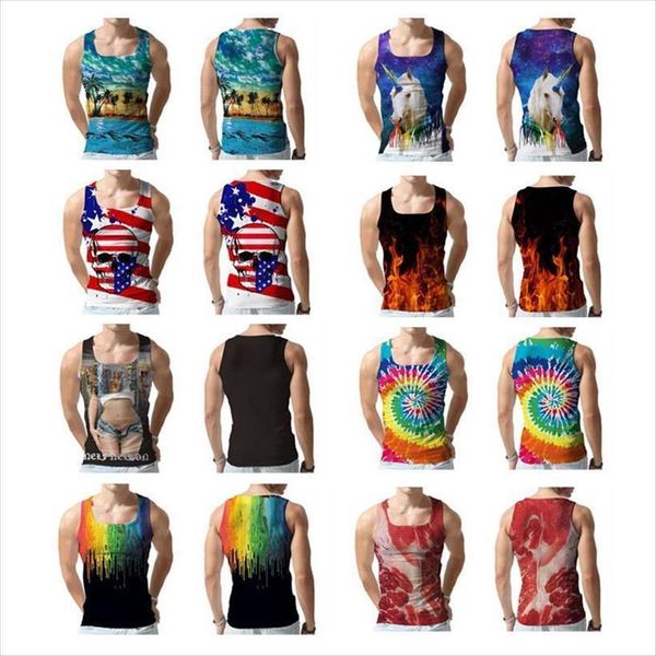 

men high elasticity fitness mens tank muscle male sleeveless vest 3d printing bodybuilding stringer, White;black