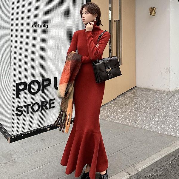 

winter korean maxi long dress turtleneck ruffle knitting striped knitted sweater pullovers women jumper pull femme fishtail, White;black