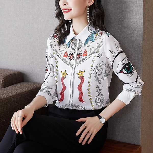 

women's blouses & shirts 2021 spring/autumn korean style women casual long sleeve turn-down collar blouse all-matched vintga print chif, White