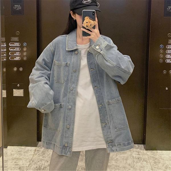 

women's jackets 2021 spring fashion mid-length loose single-breasted lapel long-sleeved retro tooling denim jacket female trend h146, Black;brown