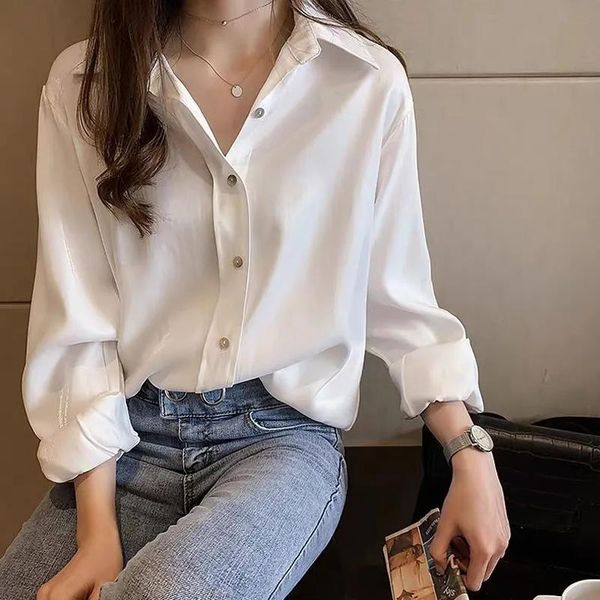 

women's blouses & shirts 2021 spring office lady white shirt long sleeve solid color blouse work button plus size loose tunic female