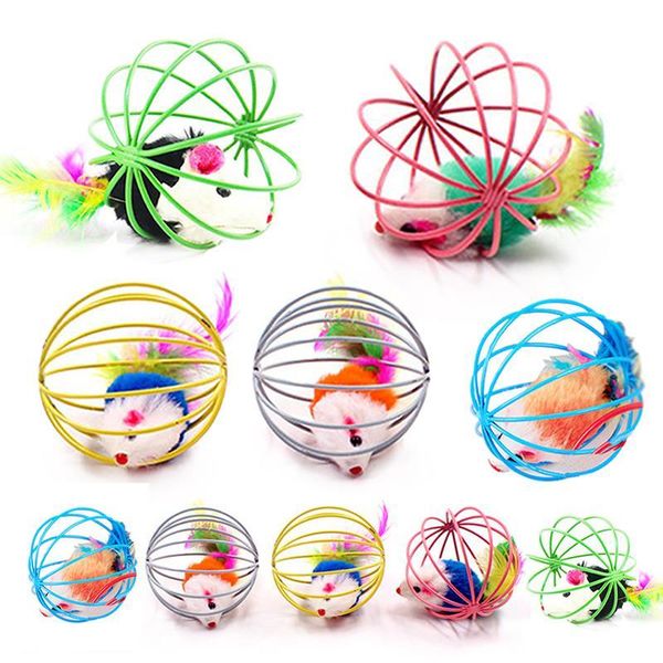 

cat toys 2pcs random color ball toy fake fur mouse in cage interactive kitten chase bite