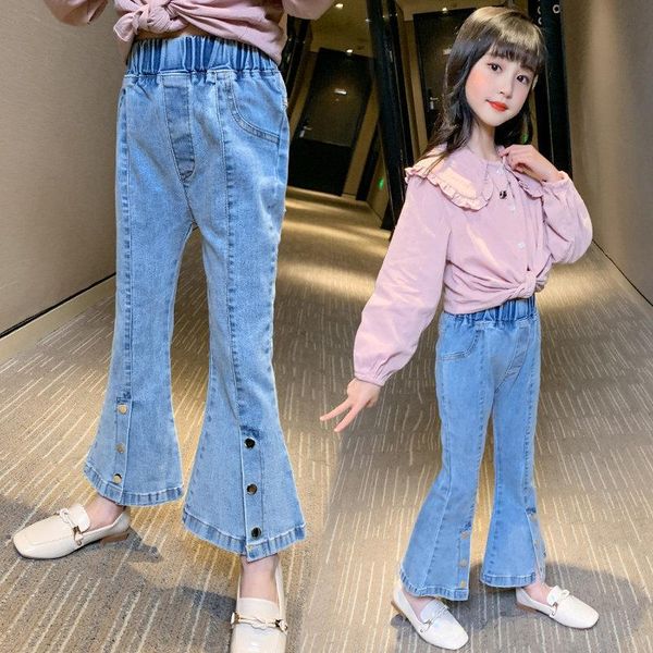 

spring deals baby girls denim flare jeans solid color teenager kids elastic pants korean style children trousers 4-13y, Blue