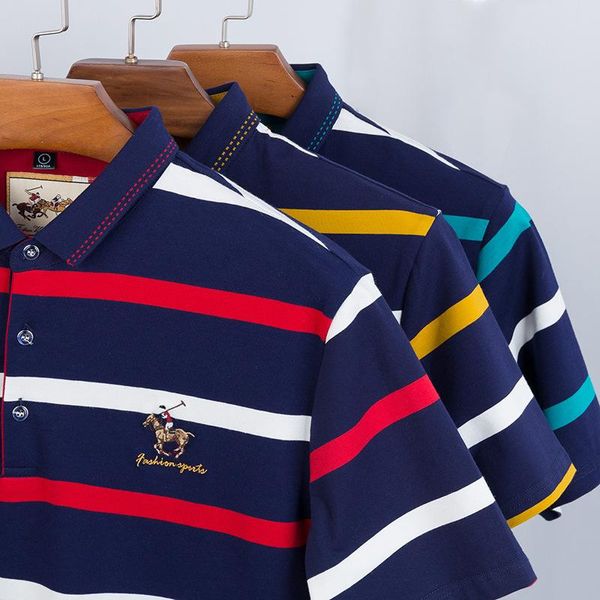 

men's polos shirt men mens 95%cotton short-sleeved embroidered stripes business casual, White;black