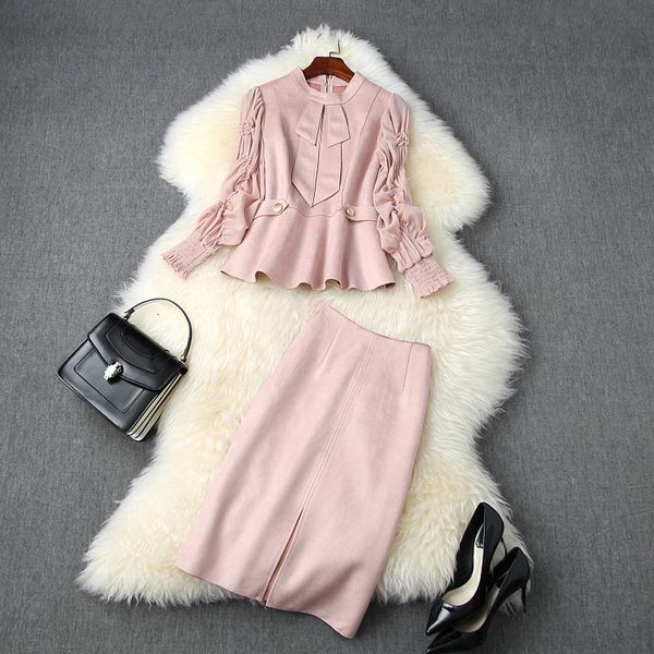 

two piece dress fall autumn suede long sleeve round neck pink / blue pure panelled + split knee-length skirt 2 s set lag12t11165 t6hq, White