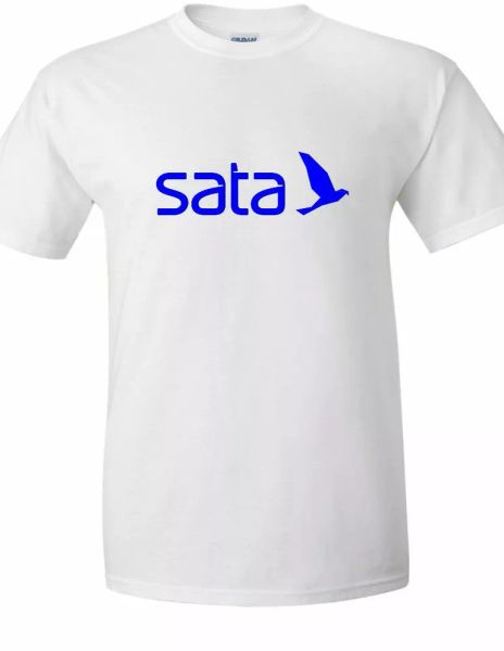 

SATA Air Blue Logo Portuguese Airline Air Travel Souvenir White Cotton T-shirt, White;black
