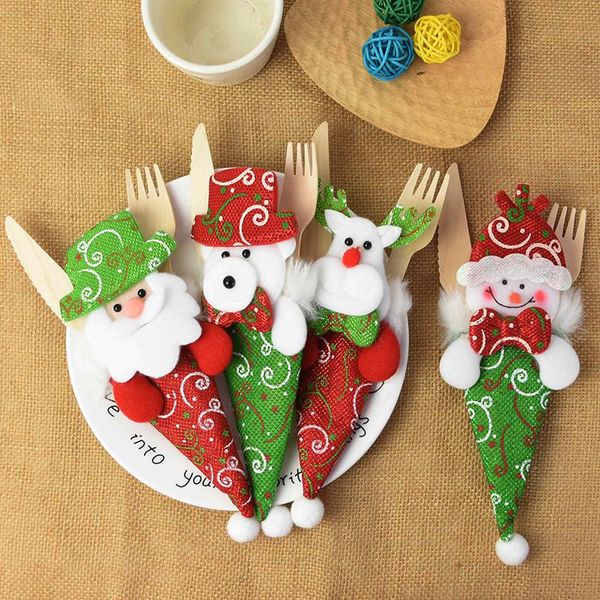

christmas decorations 1pc kitchen table dinner decoration tableware holder bag xmas santa hat reindeer pocket fork knife cutlery